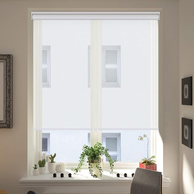 LUCKUP Light Filtering Roller Shades for Windows, Cordless Semi Sheer Solar Blinds with 5% Openness Free-Stop Window Shades for Home & Office, White 38" W x 72" L