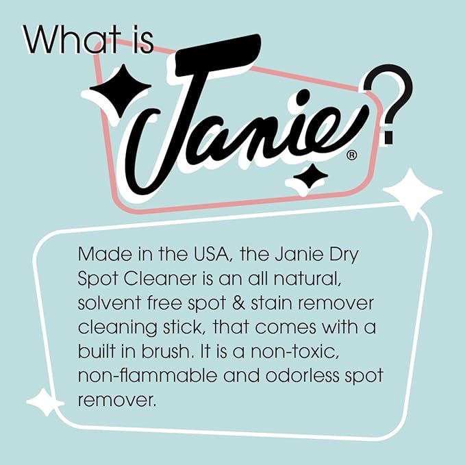 Janie Dry Stick Spot Cleaner (.4 oz) – Portable Instant Stain Remover Stick for Clothes – Magic Eraser Pen for Laundry, Travel, and On-the-Go Stain Removal – Compact, Safe, and Easy to Use