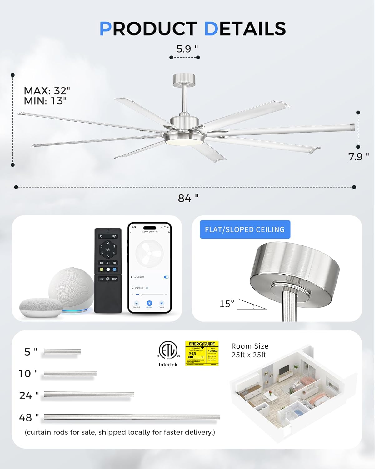 84 Inch Industrial Ceiling Fans with Lights and Remote,Extra Large Indoor/Outdoor Ceiling Fan with 8 Aluminium Metal Blades,Brushed Nickel Ceiling Fan,CF04BN-84