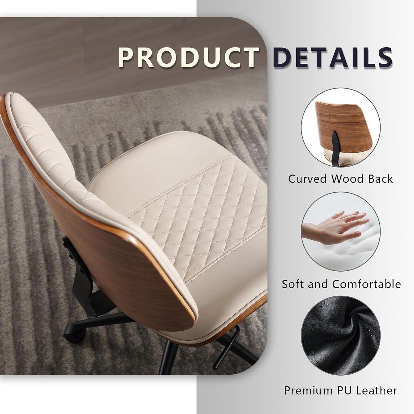 Home Office Chair No Arms with Wheels, Adjustable Height Small Desk Chair, PU Leather Mid Back 360 Swivel Computer Chair, Armless Modern Walnut Chair for Office, Reading Meeting Room(Beige)
