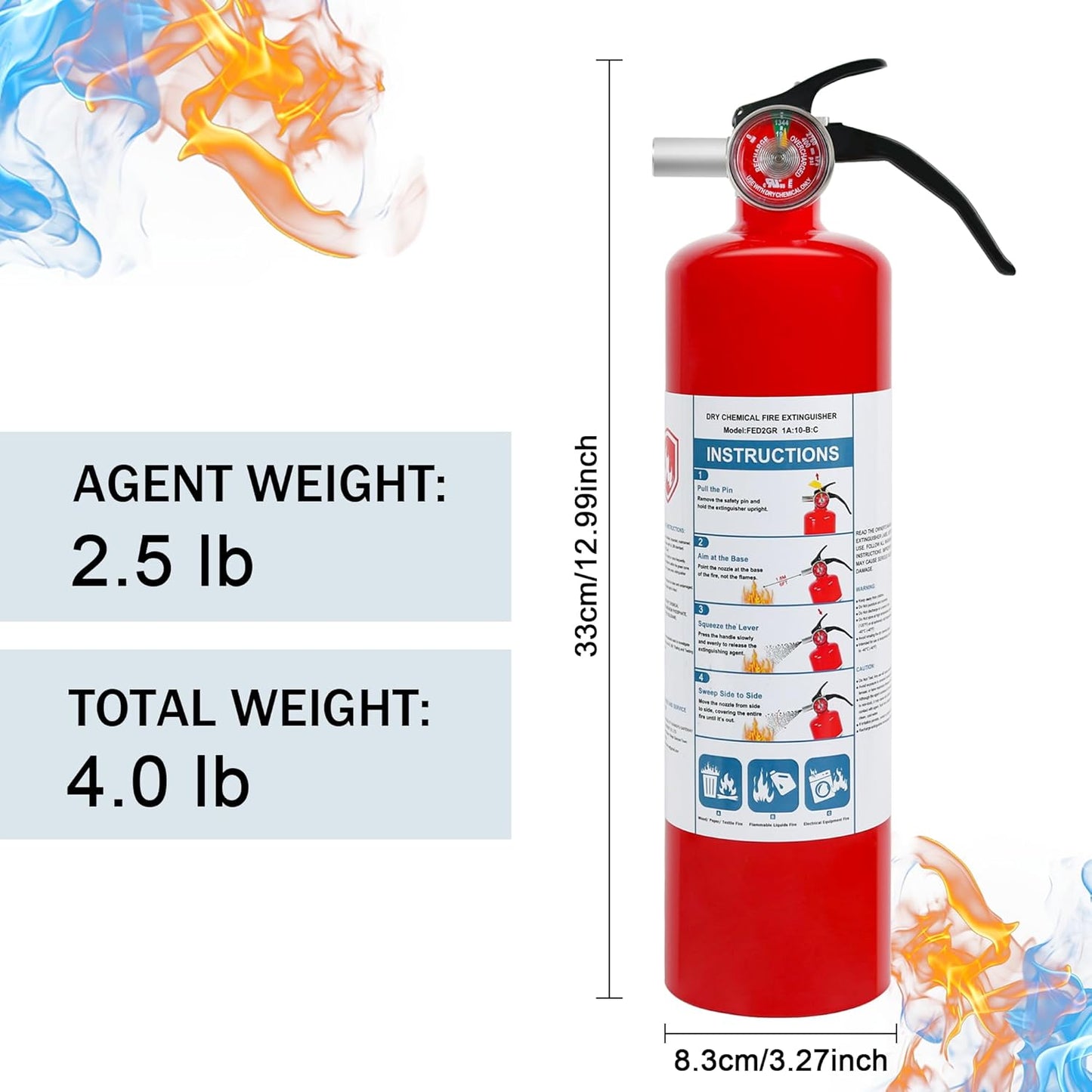 4 Pack ABC Dry Chemical Fire Extinguishers, 2.5 lb 1A:10B:C Rating for Home, Car, Boat, Quick Release Handle, Compact & Portable Dry Powder extinguisher