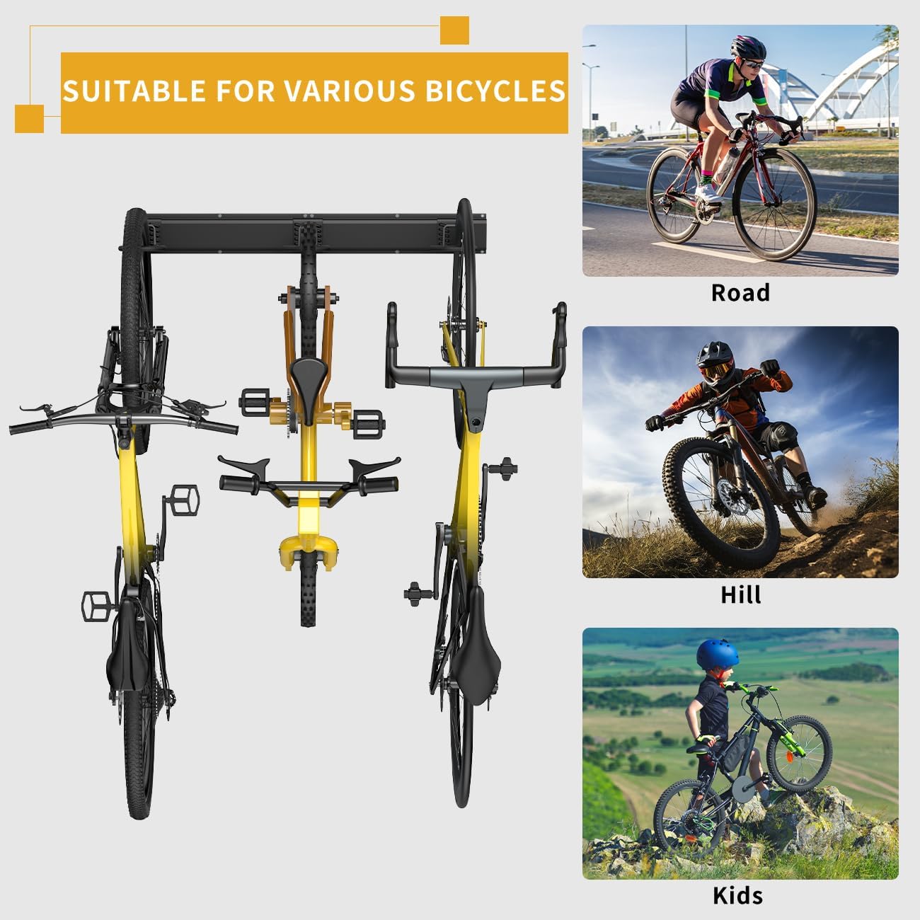 Bike Storage Rack 48Inch for 6 Bikes + 5 Helmets, Up to 500lbs, Heavy Duty Bike Hangers for Garage, Bike Hooks for Garage, Solid Steel Bicycle Storage, Bike Wall Mount, New Black