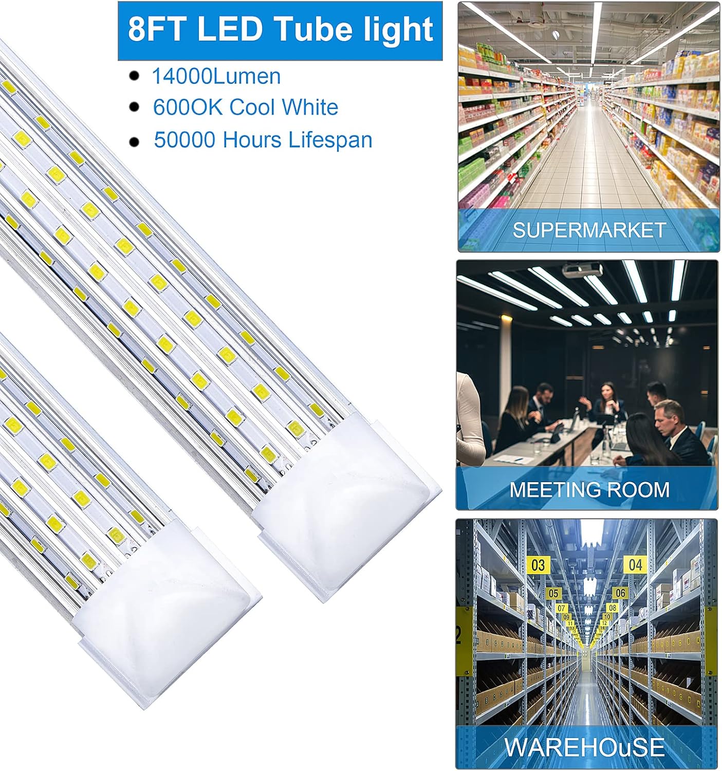(6-Pack, 8FT LED Shop Light, U Shape Integrated T8 LED Tube Light,18800LM, 144W, 6000K Cold Light, 8 Foot Linkable Shop Lights W/Built-in ON/Off Switch for Warehouse, Workshop