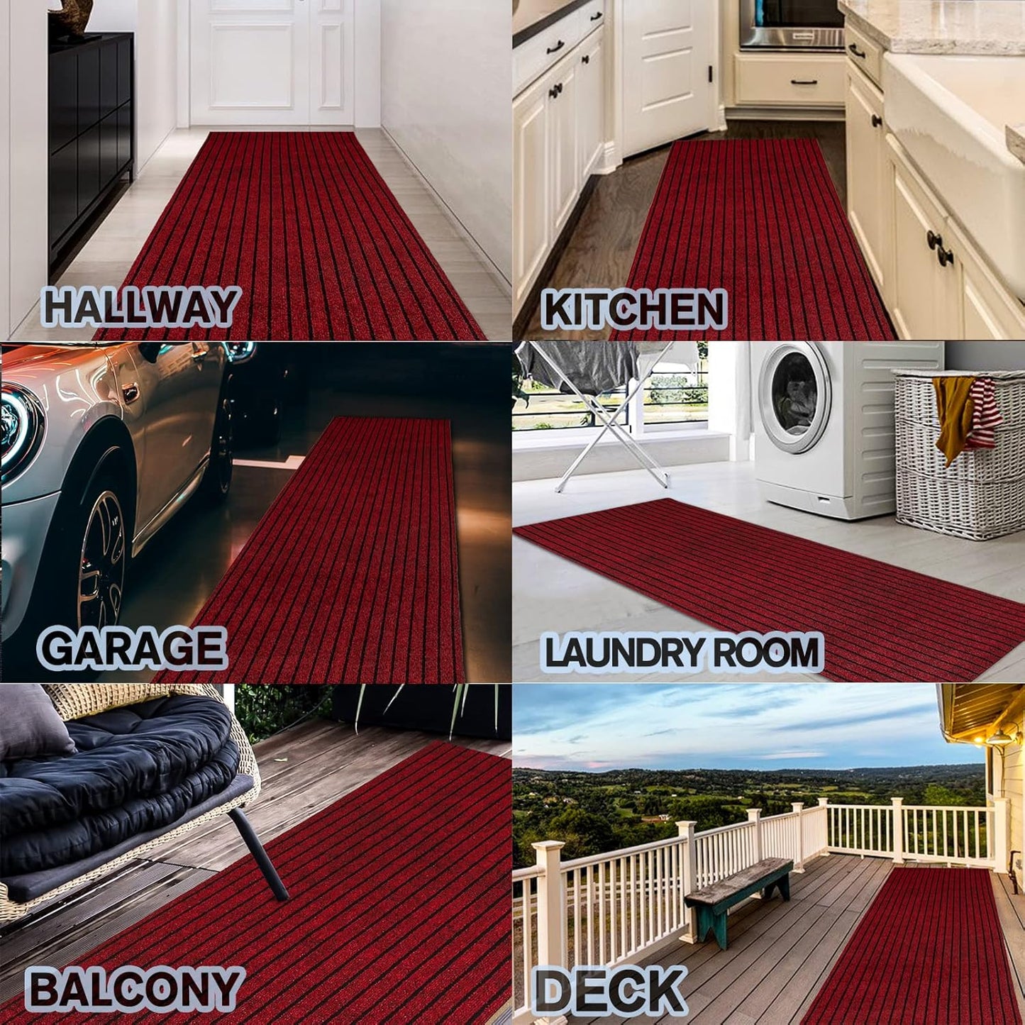 Custom Size Backed Non-Slip Area Rugs Runner, Easy Clean, Waterproof Runner Rugs for Hallway Entryway, Kitchen, Laundry, 3FT x 54FT, Red Stripe