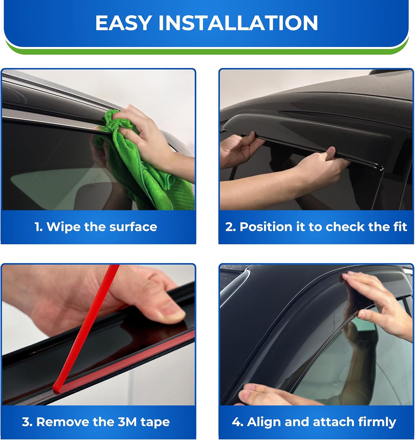 KPY Window Visor Compatible with Jeep Wrangler JK 2007-2018 4-Door, 4PC Rain Guard Side Window Vent Deflectors Tape-On Style, 2007 2008 2009 2010 2011 2012 2013 2014 2015 2016 2017 2018