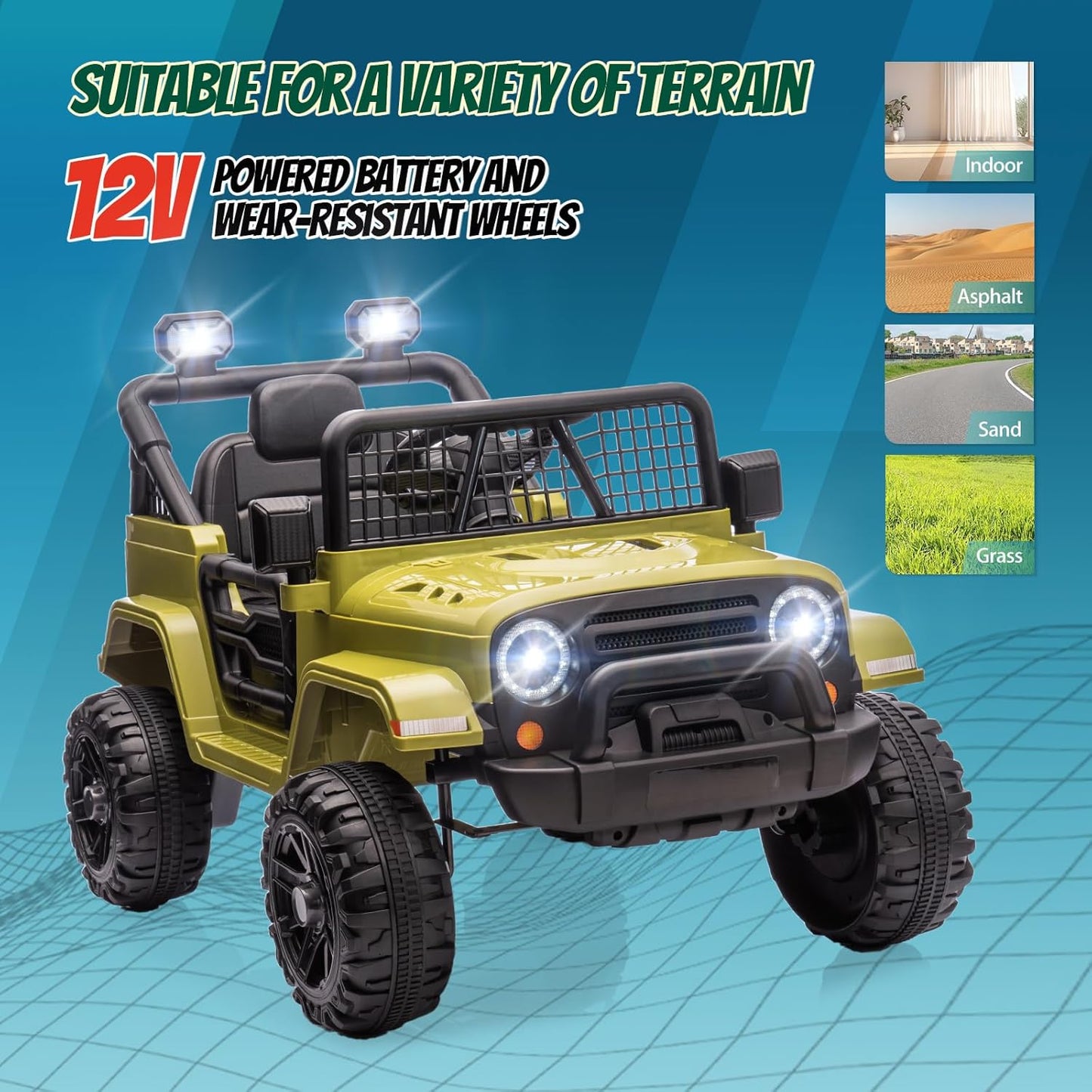 JOYMOR 12V Kids Ride on Truck with Remote Control, 4 Wheels Battery Powered Kids Car, Electric Play Car with LED Lights/Horn/Remote and Manual Control/3-5 MPH Speed/Gift for Girl Boy (Green)