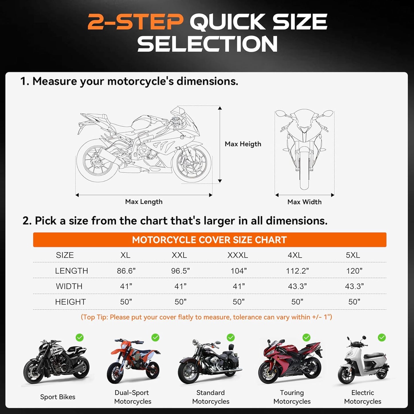 Motorcycle Cover Waterproof Outdoor, 300D Heavy Duty, UV & Rain Resistant, 3 Wind-Resistant Buckles, Dual Lock Holes, Includes Storage Bag, Fits Most Motorcycles up to 96.5",Silver