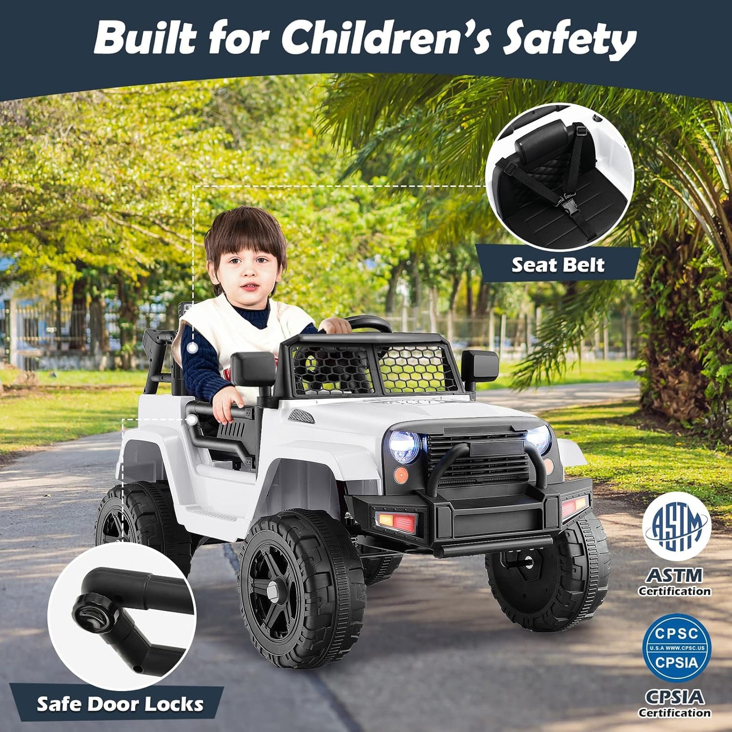 Costzon Ride on Car, 12V Battery Powered Truck Vehicle with Remote Control, Spring Suspension, Headlights, Music, Horn, MP3, USB & Aux Port, Gift for Boys Girls, Electric Car for Kids (White)