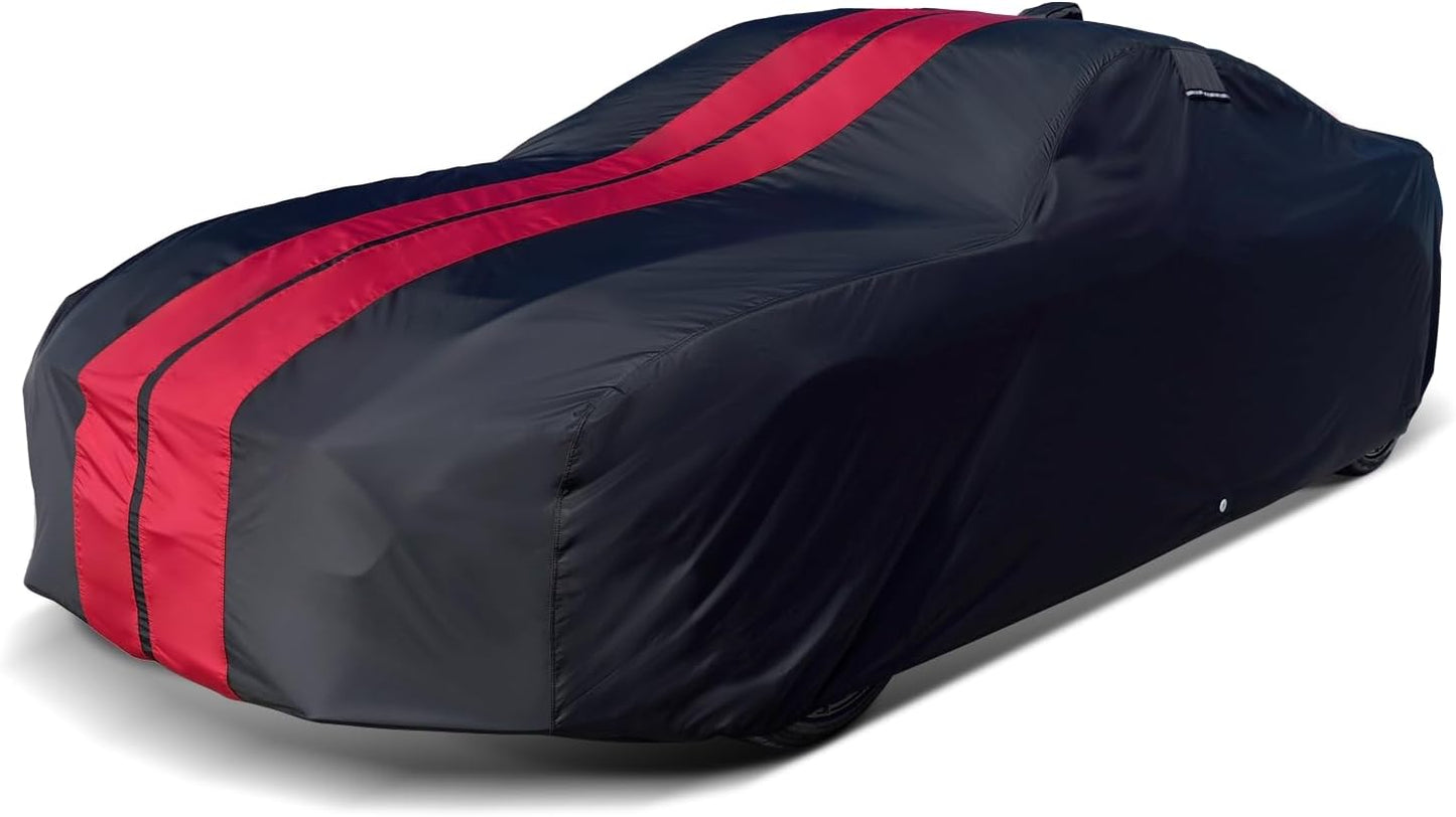iCarCover Custom Car Cover for Pontiac Phoenix (1977-1979) Waterproof All-Weather Rain Snow UV Sun Protector Full Exterior Indoor Outdoor Car Cover (Stripe - Black/Red)