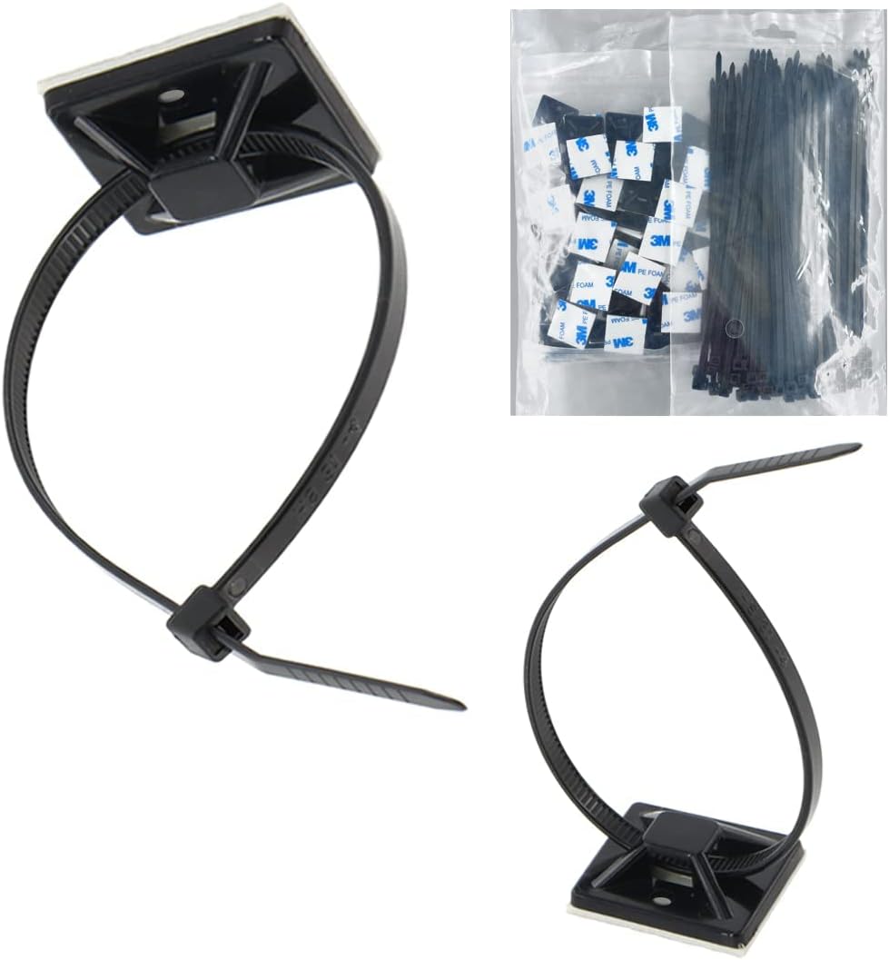 Strong Self Adhesive Wire Clips Cable Zip Tie Mounts 3/4" with 6 Inch Zipties Black UV Protection Outdoor 100 Pcs,Sticky Wire Fasteners Cable Guide Management Mounting Suqare Holder Anchor Base Small
