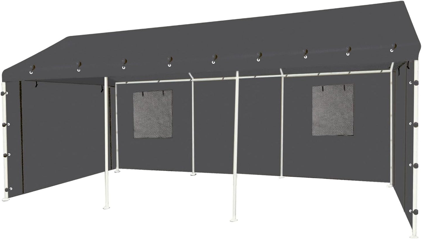 10x20 FT Front/Back Panel Canopy Entrance Panel with Zippers and Elastic Ball Bungees, 180G PE Waterproof & UV Protected Replacement Sidewall Cover, Gray