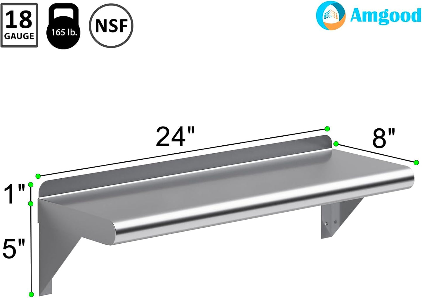 AmGood 24" Long X 8" Deep Stainless Steel Wall Shelf | NSF Certified | Appliance & Equipment Metal Shelving | Kitchen, Restaurant, Garage, Laundry, Utility Room