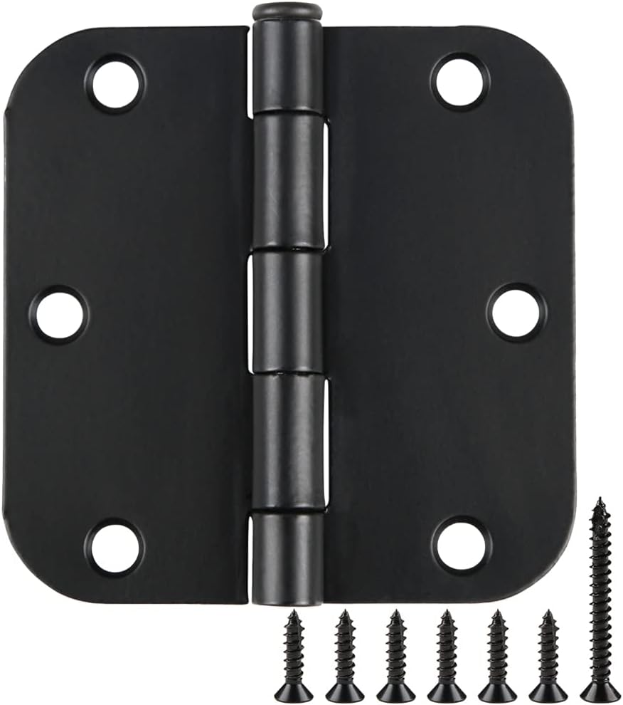 48 Pack Rounded Matte Black Door Hinges 3.5 Inch 5/8" Radius for Interior 3 1/2" Flat Iron Bifold Residential Standard Bedroom Indoor for Doors 3 ½"Hardware House Home Decor Essentials Accessories
