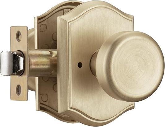 Interior Pismo Doorknobs for Bath & Bedroom, Gold Door Knobs with Camelot Trim, Satin Brass Door Knob with Lock