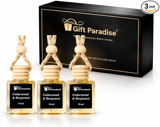 Gift Paradise® Cedarwood & Bergamot Car Air Freshener Set of 3, 10 ml Hanging Diffuser Bottles with Wooden Caps, Magnetic Gift Box, Woody Citrus Car Fragrance