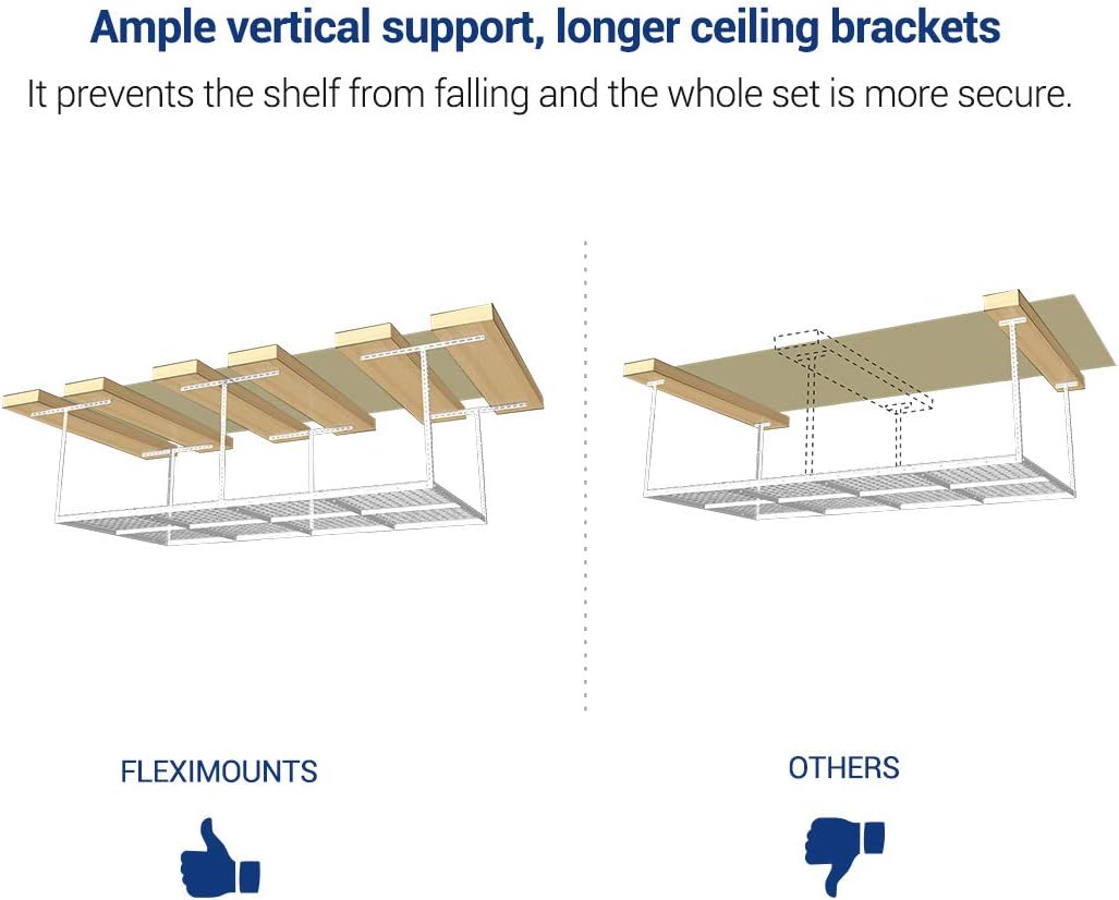 FLEXIMOUNTS 4x8 Overhead Garage Storage Rack, Adjustable Organization System, Heavy-Duty Metal Ceiling Racks, 2 pack, White