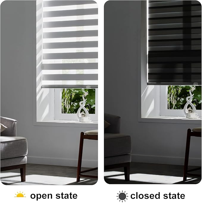 Persilux Zebra Shades Cordless Blinds for Windows (22" W x 72" H, Grey) Dual Layer Zebra Roller Shades, Free Stop Sheer Window Treatments for Home, Office, Bathroom…