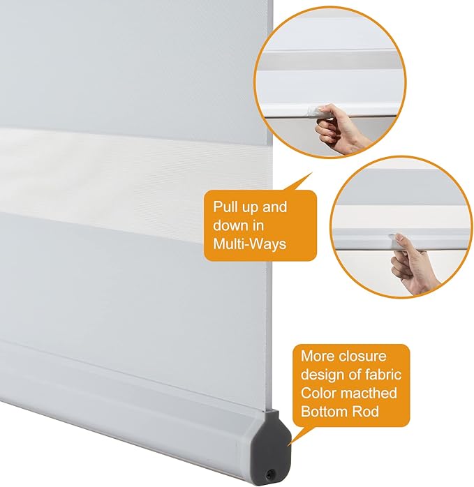 Persilux Cordless Zebra Blinds for Indoor Windows, Free-Stop Zebra Blinds Cordless, Light Filtering Sheer Shades Dual Layer for Day and Night, Zebra Roller Shades for Home (36.5" W X 64" H, White)