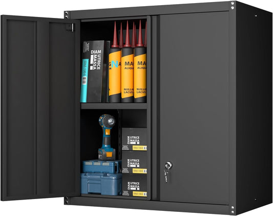 GREATMEET Locking Metal Wall Cabinets for Garage, Garage Cabinets Wall Mount, Steel Floating Hanging Storage Cabinet with Doors and Adjustable Shelf for Utility Room