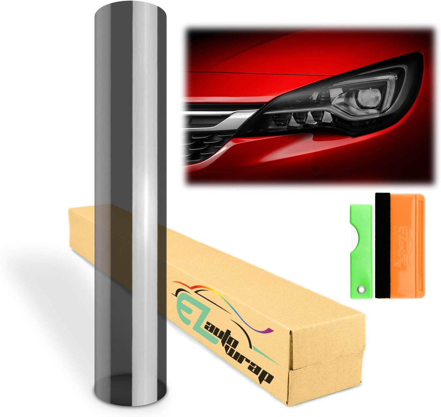 EZAUTO WRAP Free Tool Kit 12"x72" (1FT x 6FT) Glossy Medium Black Smoke Headlight Taillight Fog Light Side Marker Vinyl Tint Film Self Adhesive