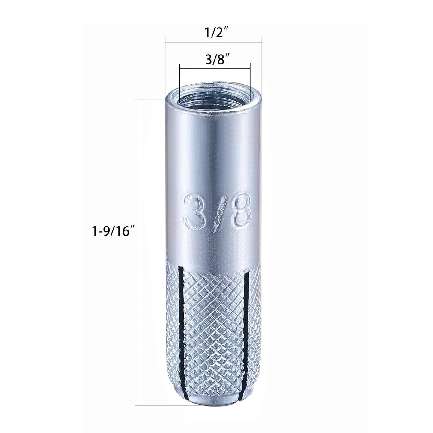 Wensilon(100 pcs) 3/8"-16 Premium Zinc Plated Carbon Steel Drop in Anchors Assortment, Knurled Drop-in-Anchor for Solid Concrete, Internal Forced Expansion Screw Bolts