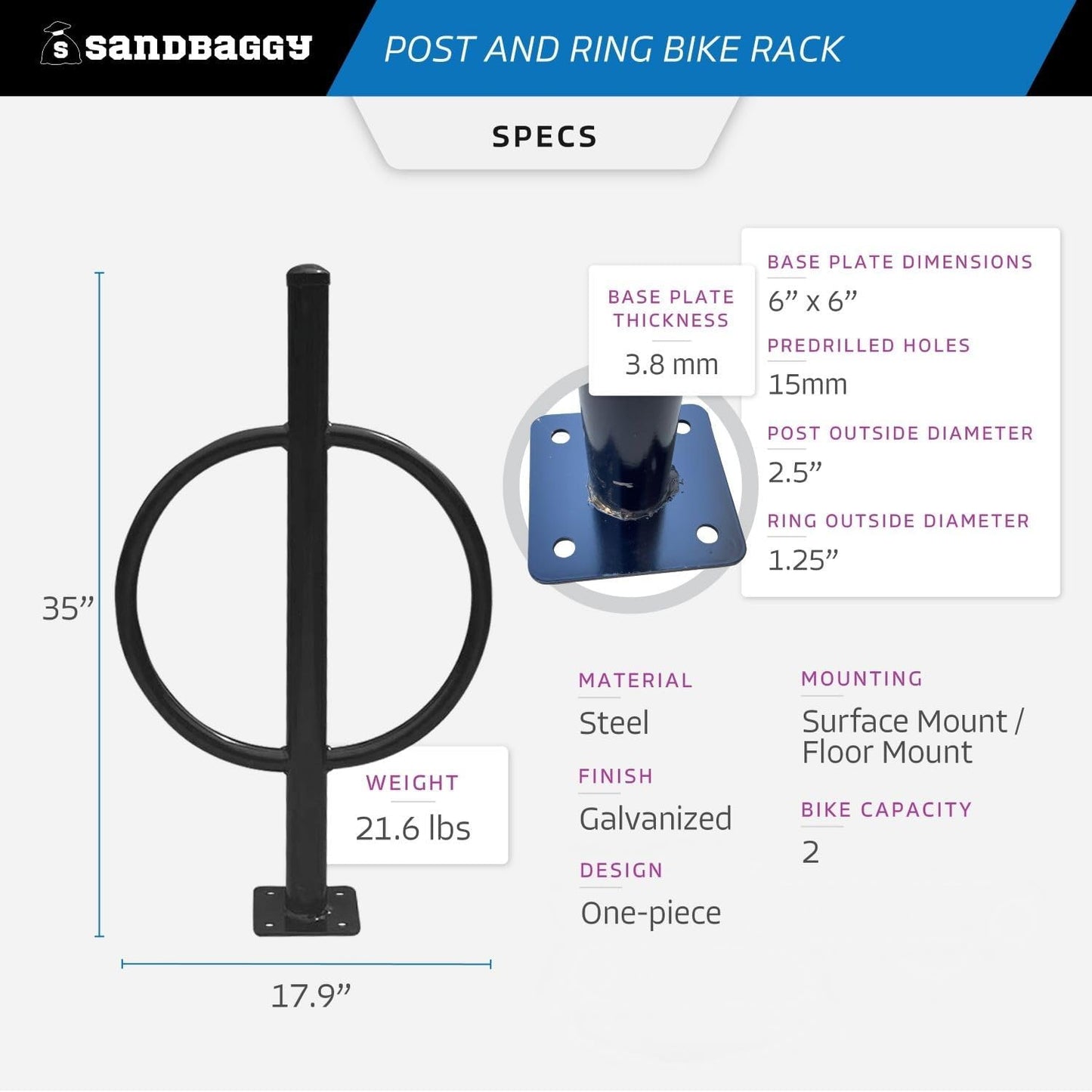 Sandbaggy Post and Ring Bike Rack - Commercial Bike Racks - Galvanized Steel - Anti-Theft Design - In Ground, Apartments, Sidewalks, Industrial (Gray, 20)