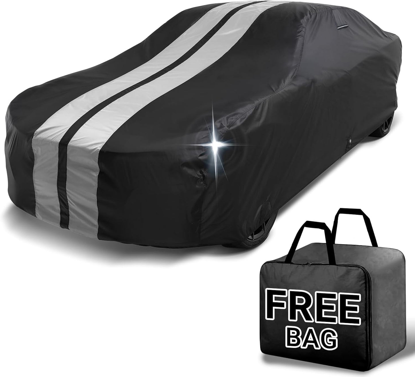 iCarCover Custom Car Cover for Chevy Nova 4-Door Sedan (1985-1988) Waterproof All Weather Rain Snow UV Sun Protector Full Exterior Indoor Outdoor Car Cover (Stripe - Black/Gray)