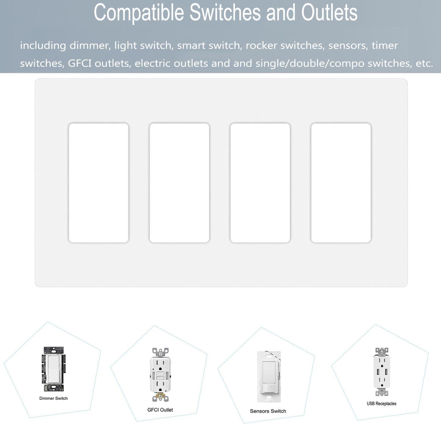4-Gang Screwless Decora Wall Plate Cover Switch Outlet Electrical Faceplate for Light Switche, Smart Switch, Receptacle, Dimmers, USB Outlet, GFCI, Child Safe Cover Plate, White (2-Pack)