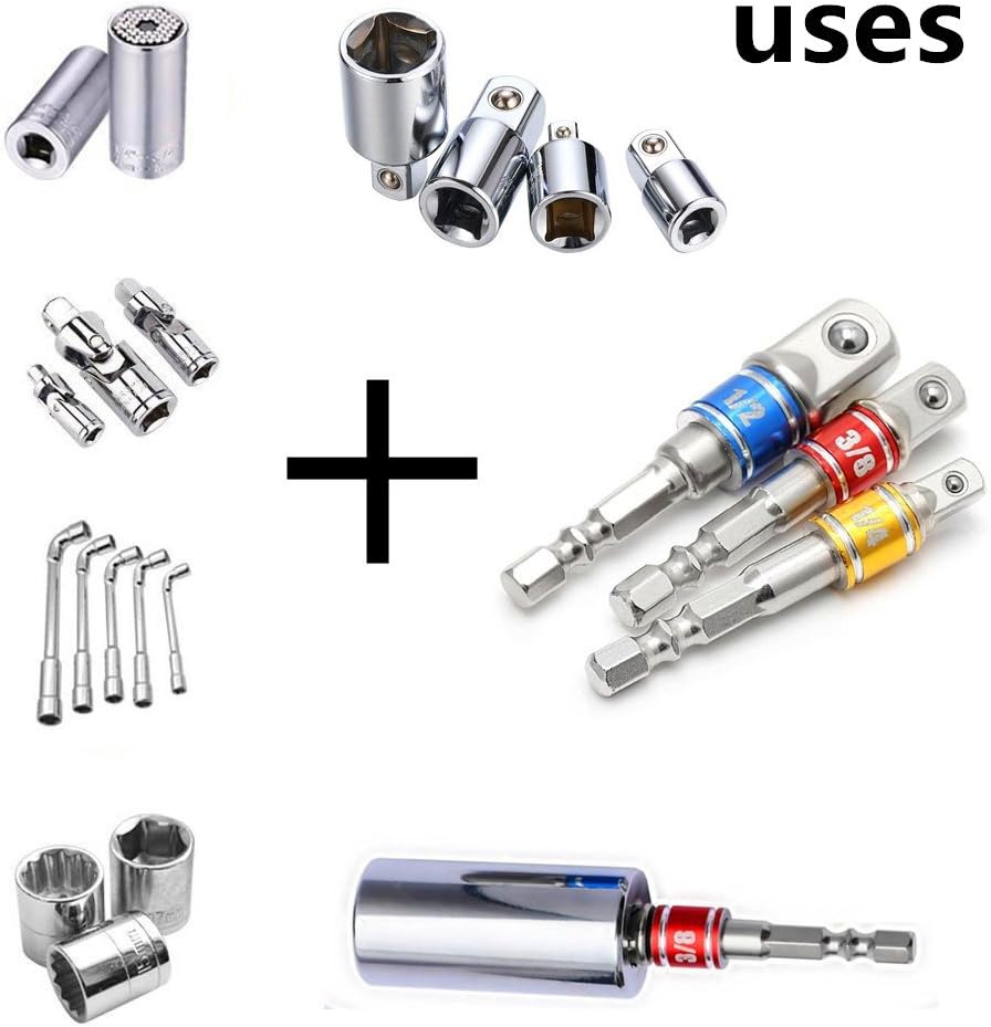 Impact Grade Socket Adapter/Extension Set Turns Power Drill Into High Speed Nut Driver,1/4-Inch Hex Shank to Drive for Adapters to Use with Drill Chucks, Sizes 1/4" 3/8" 1/2", Cr-V, 3-Piece