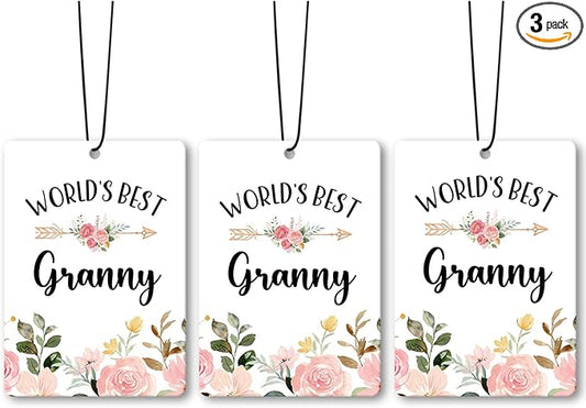 Granny Grandma Gifts Car Air Freshener Accessories 3pcs,World's Best Gifts for Granmda Christmas, Pink Flower Rustic Hanging Scent Lavender Fragrance Card for Women Closet Bathroom Home Decor