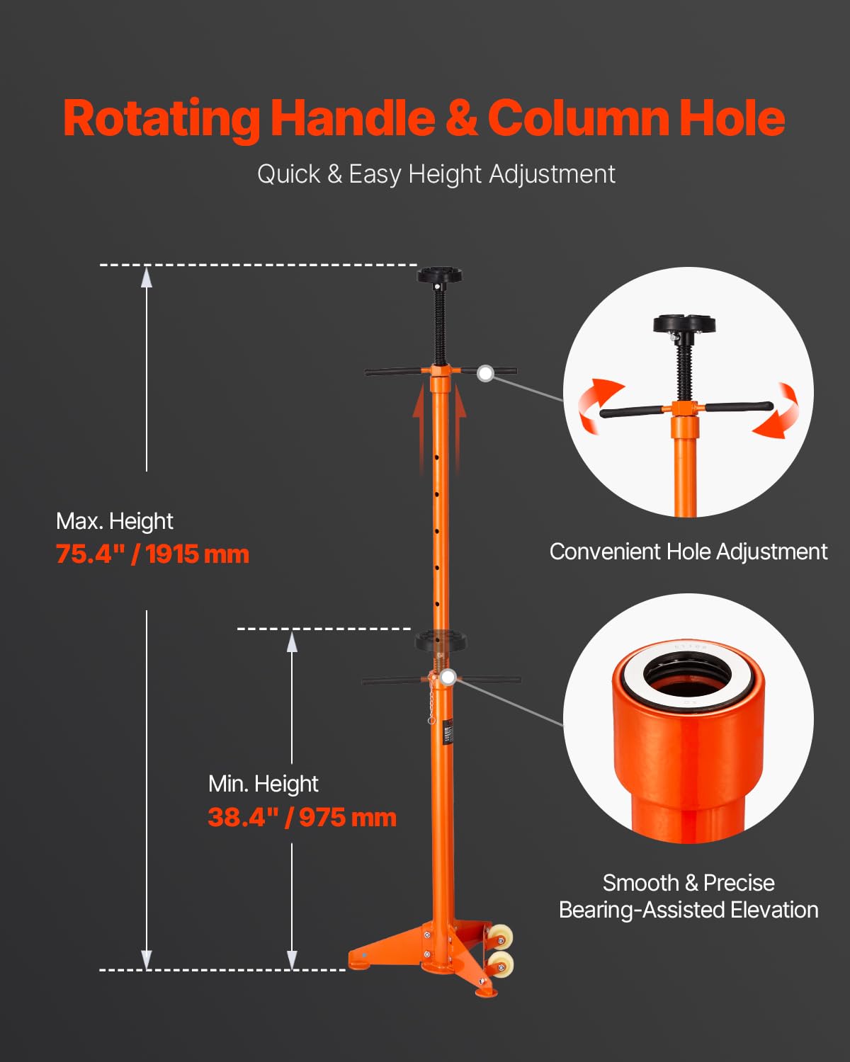 VEVOR Underhoist Support Stand, 3/4 Ton Capacity Under Hoist Jack Stand, Lifting from 38.4 to 75.4 in, Bearing Mounted Spin Handle, Self-Locking Threaded Screw, Two Wheels, Support Vehicle Components