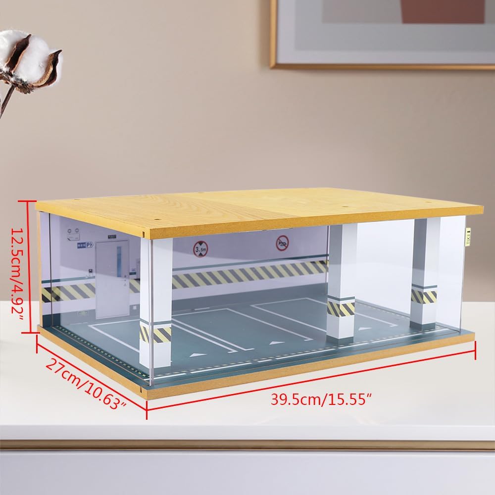 1/24 Parking Garage Model Car Garage Display Case with Clear Acrylic Cover and LED Lighting Toy Car Storage Tabletop Showcase for Boy Kids Home Toy Stores