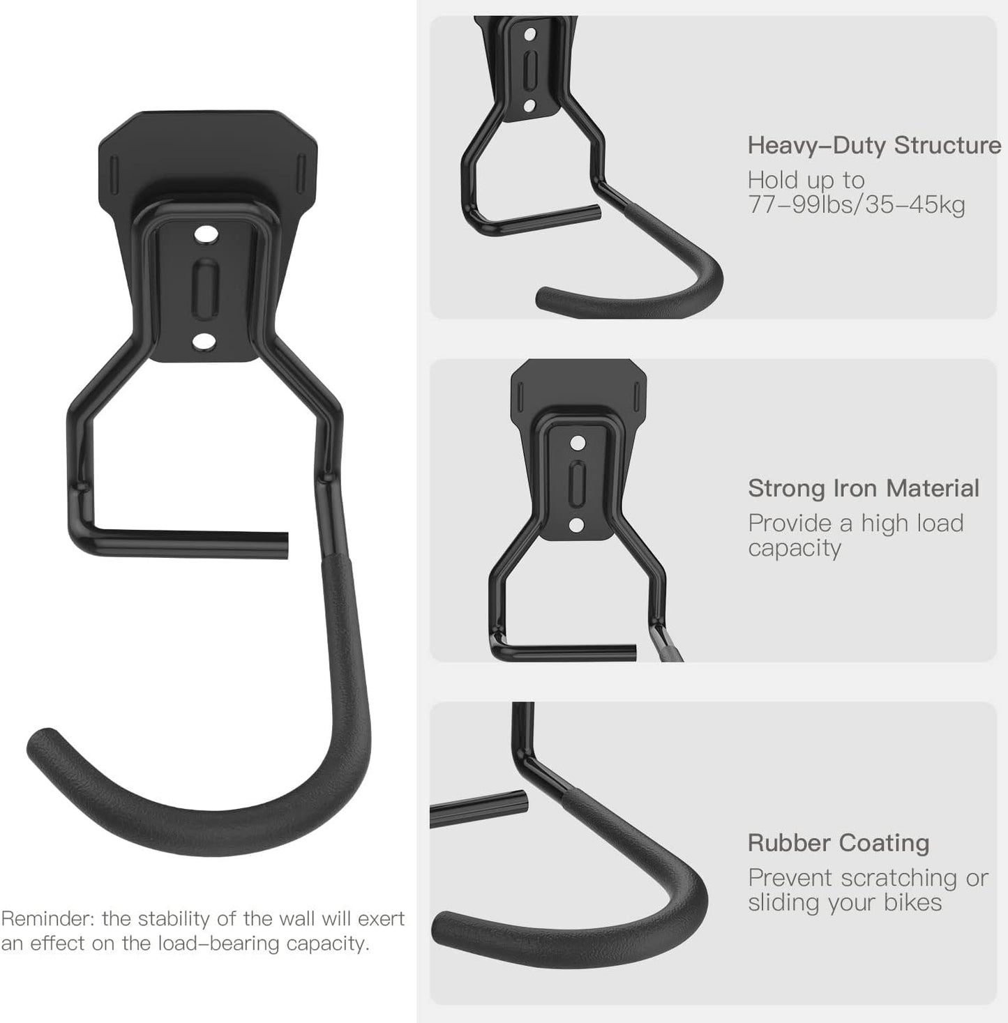 Bike Wall Mount with Fixed Hook, [2 Pack] Heavy Duty Bike Storage Rack, Bike Rack Vertical Stand for Garage - Easily Hang/Detach - with Screws Iron Bike Hanger Brackets