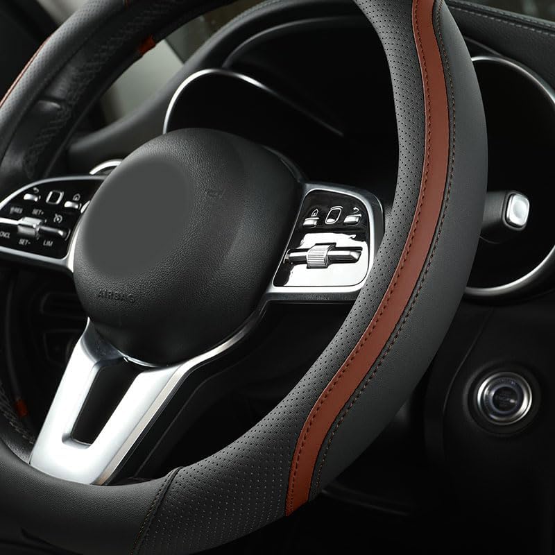 Car Steering Wheel Cover, Leather Steering Wheel Cover Brown Universal 14.5-15 Inch Microfiber Leather Anti-Slip Breathable Auto Steering Wheel Covers for Men Women (Black&Brown)