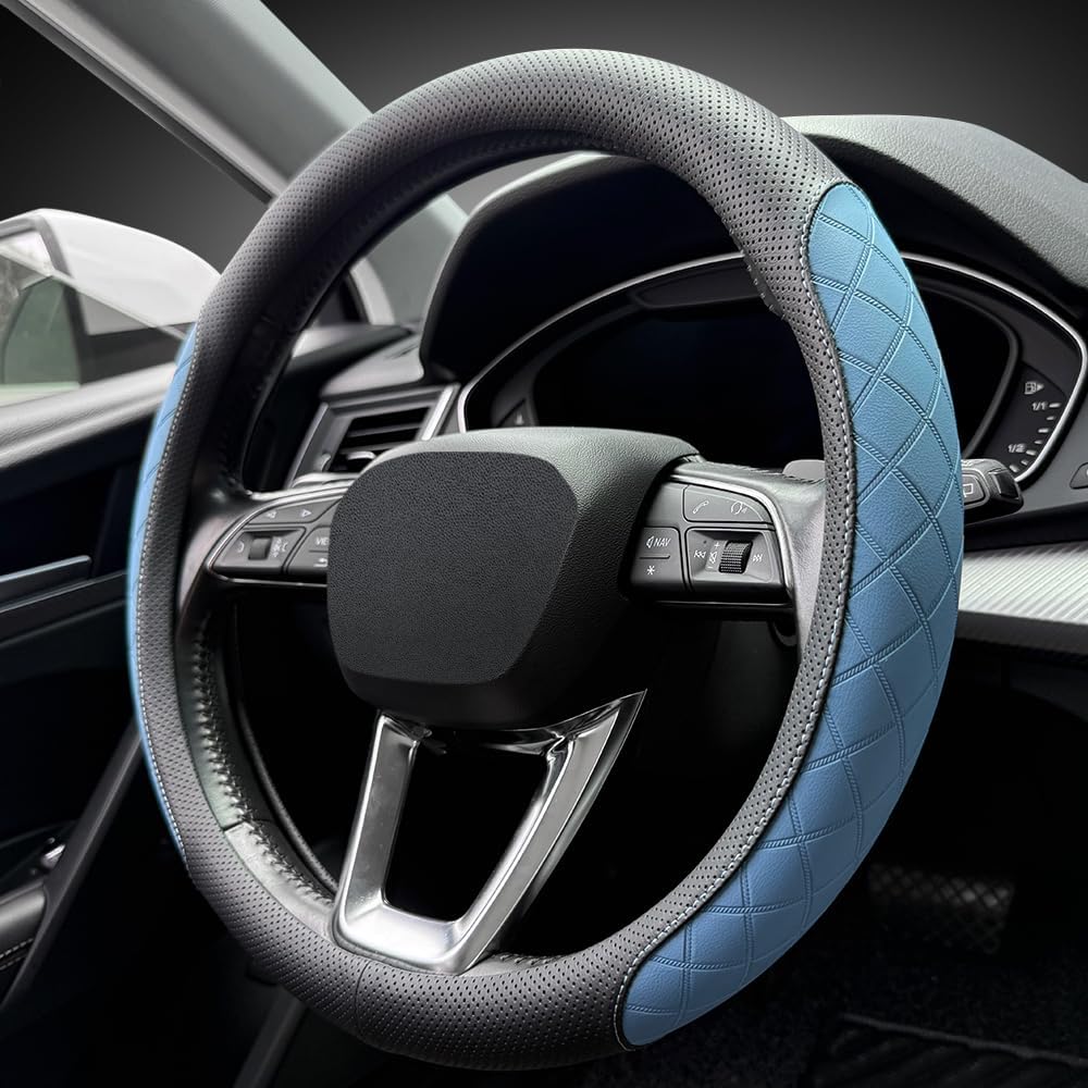 LKWLIKEI Nappa Leather Steering Wheel Cover,Elegant Diamond Checkered Design, Non-Slip wear-Resistant, Enhance Driving Comfort, Suitable for Steering Wheel Diameter 14 1/2‘-15’ Models.Black Blue