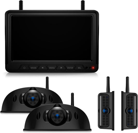Fookoo HD 4 Cameras Wireless RV Backup System, 7" Split-Screen Monitor, 2 Rear View + 2 Side Cameras, IR Night Vision Recording Waterproof Compatible with Furrion Pre-Wired RV Truck Trailer - DW7Y504