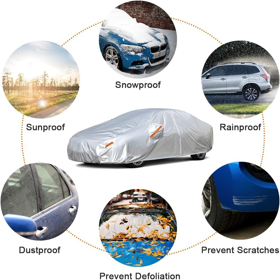 Kayme Car Covers for Automobiles Waterproof All Weather with Zipper Sun Uv Rain Protection Mirror Pocket Fit Nissan, Audi A3 Sedan, Acura Integra/Rsx, Hyundai Accent etc.(Up to 177 Inch) 3M