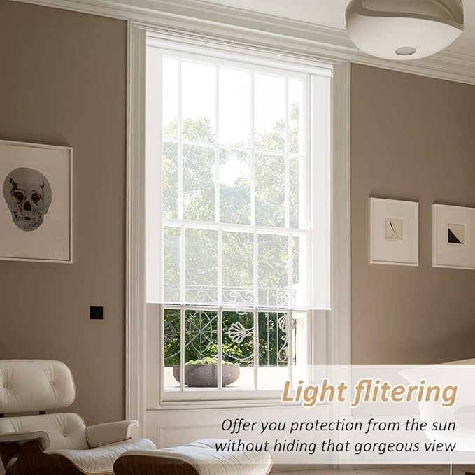 LUCKUP Light Filtering Roller Shades for Windows, Cordless Semi Sheer Solar Blinds with 5% Openness Free-Stop Window Shades for Home & Office, White 29" W x 72" L