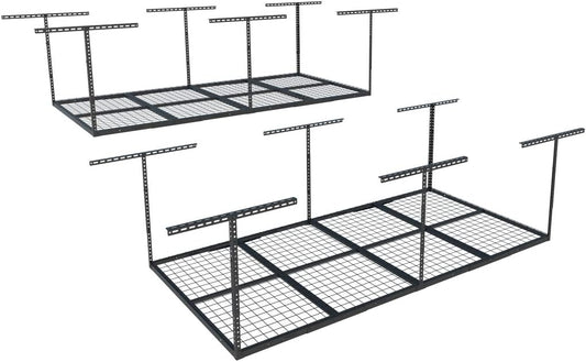 FLEXIMOUNTS 4x8 Overhead Garage Storage Rack, Adjustable Organization System, Heavy-Duty Metal Ceiling Racks, 2 pack, Black