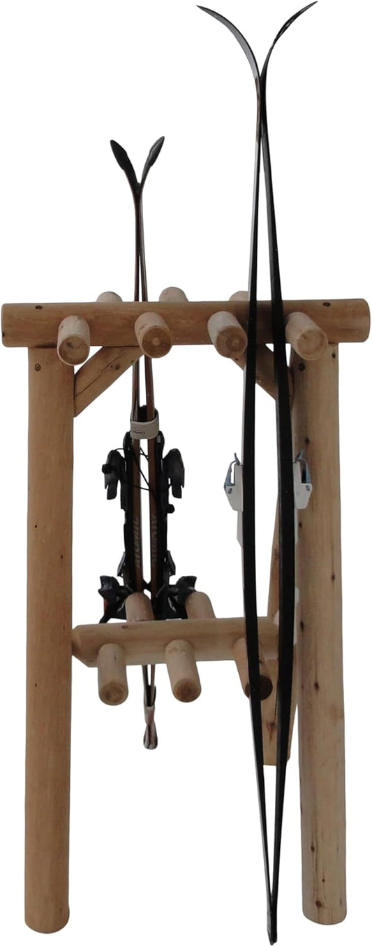 9-Place Freestanding Log Ski Rack Holder, Indoor & Outdoor Snowboard Racks, Standing Storage, Garage Racks for Snow Skis & Poles, Snowboard Rack Garage Storage Organizer - Natural + 15" Anchor Kit