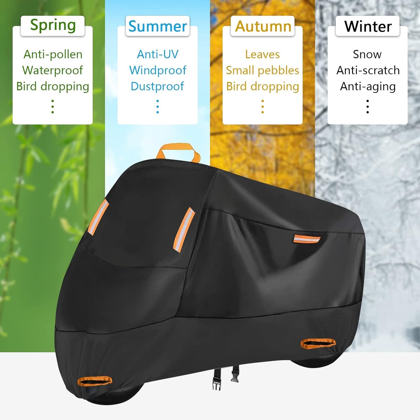 300D Heavy Duty Motorcycle Cover, SECELES All Season Durable Waterproof Outdoor Protection Scooter Cover 4 Reflective Tape Lock-Holes fits up to 86" Yamaha Honda Harley Suzuki (XXL: 86" x 37" x 50")