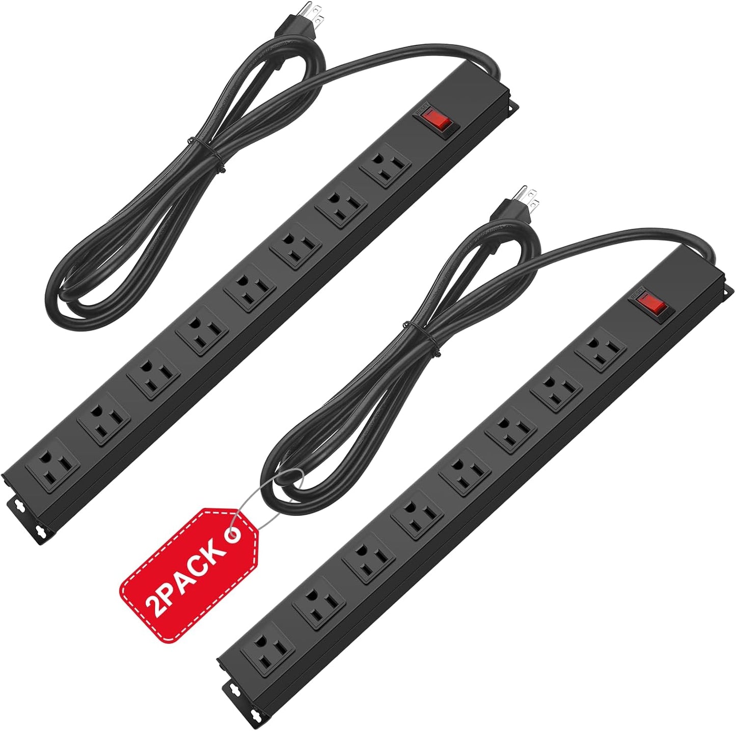 2Pack Metal 8 Outlet Mountable Power Strip, Wall Mount Outlet Heavy Duty, Wide Spaced Commercial Shop Power Strip with Switch, 3 FT SJT 14AWG Power Cord.
