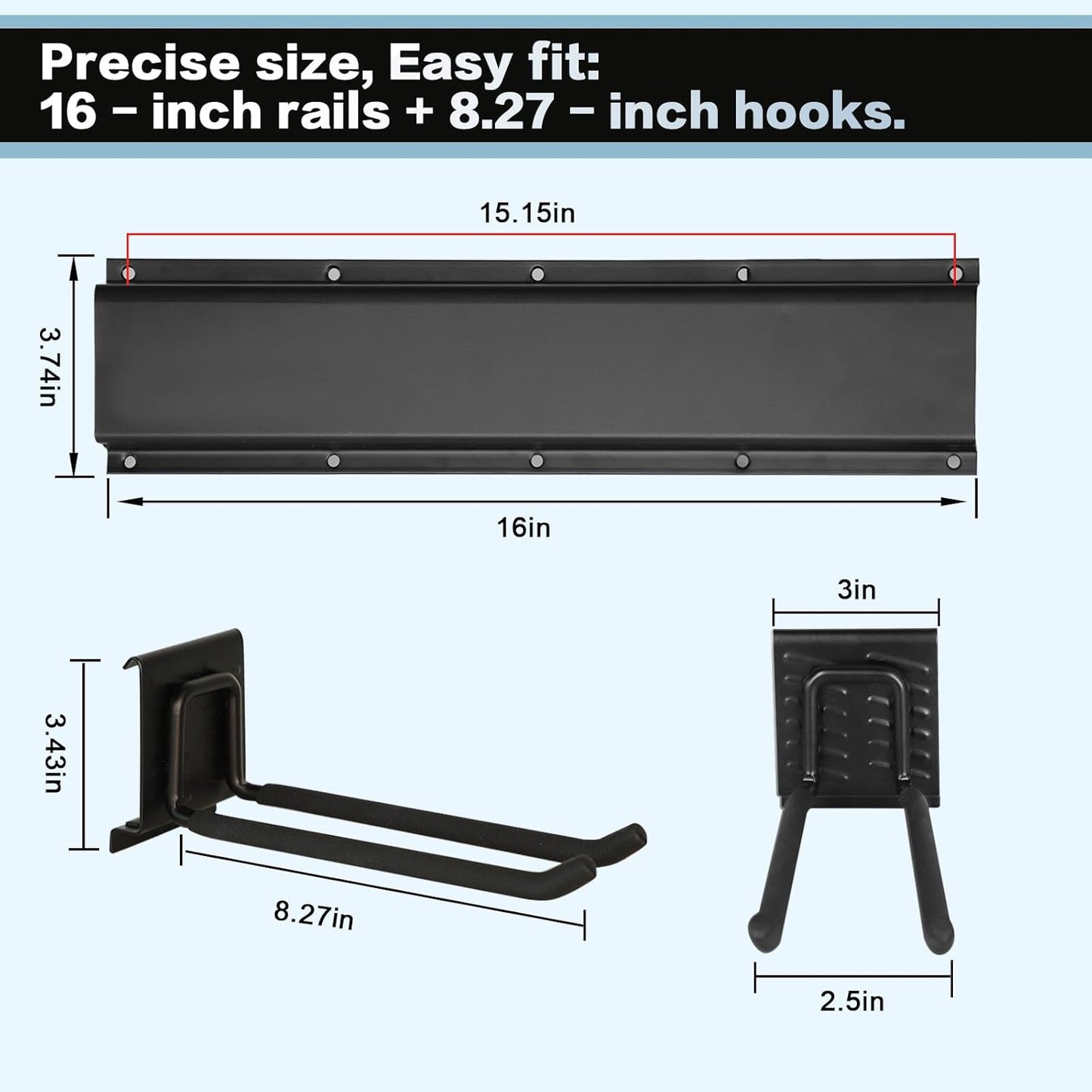 Garage Tool Organizer Wall Mount 16in- 2 Heavy Duty Hooks,120lbs Capacity, Garage Organization & Storage Rack for Broom, Rake & Snow Equipment - Tool Organizer & Men’s Gift Choice
