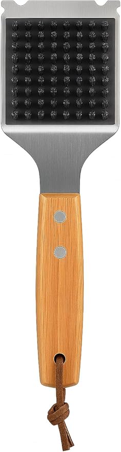 Blue Smoke Grill Brush and Scraper – Heavy Duty BBQ Cleaner with Stainless Steel Bristles, Solid Wooden Handle & Leather Strap – Barbecue Cleaning Tool for Gas, Charcoal, Smoker & Grill Grates