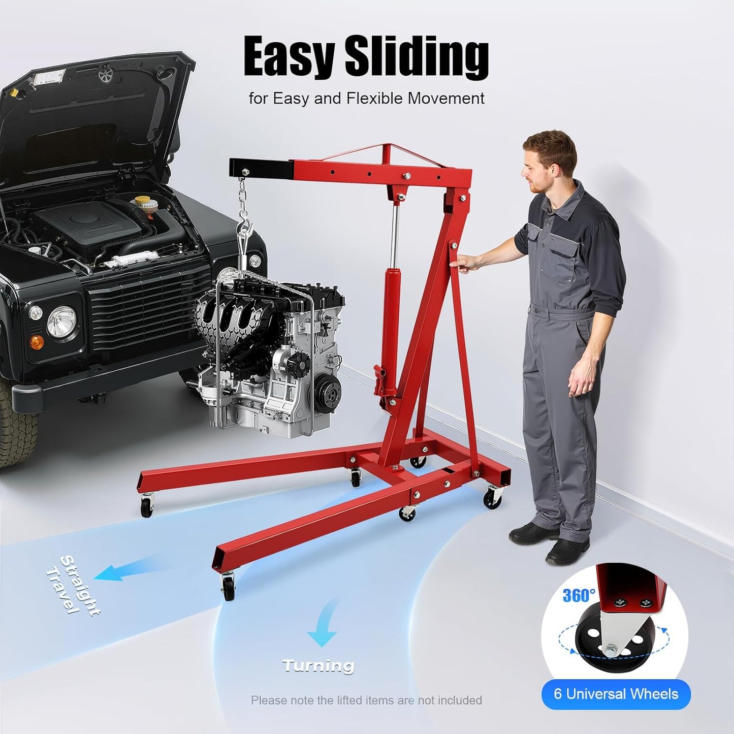 2 Ton Hydraulic Engine Hoist, Folding Engine Lift with 6 Wheels, Heavy Duty Steel Shop Engine Crane, Cherry Picker Engine Hoist for Garage, Workshop, 4400 LBS (Red, 2 Ton)