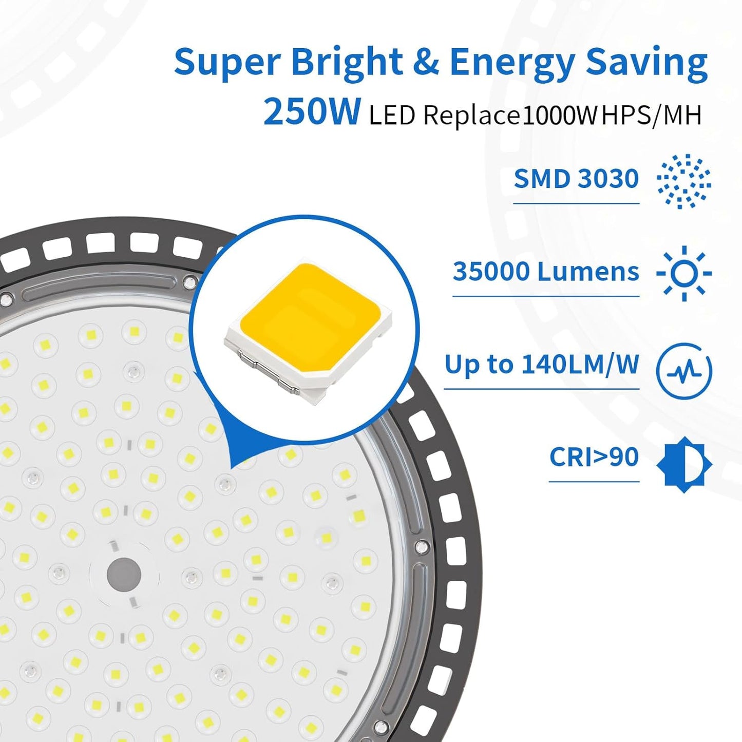 6 Pack UFO LED High Bay Light 250W, 35000 LM, 5000K with 5ft Power Cord, US Plug, Bright LED Shop Light for Basement Commercial Factory Garage Lighting, IP66 Waterproof, AC110-277V, ETL Listded