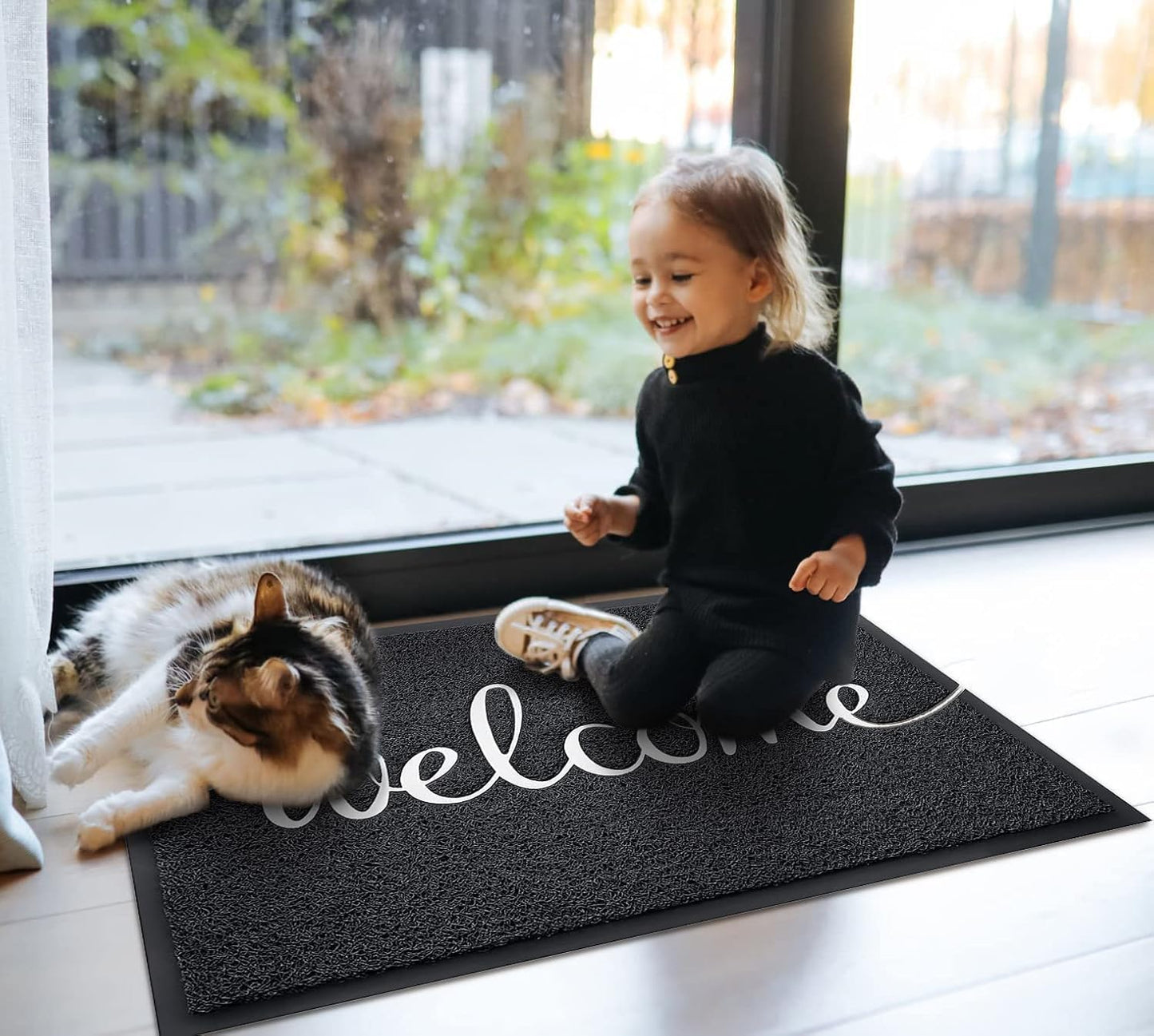 EARTHALL Door Mat 2-Pack Outside Inside Welcome Doormat 30"x17.5" Durable Floor Mat Non Slip Rug Ultra Absorb Mud Easy Clean Front Doormat for Garage, Entryway, Patio, High Traffic Areas, Black