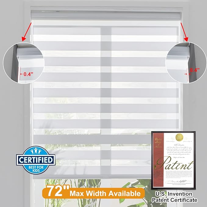 Persilux Cordless Zebra Blinds for Windows Free-Stop Roller Windows Shades (72" W X 72" H, White) Dual Layer Light Control for Day and Night, Light Filtering Sheer Shades for Home, Easy to Install