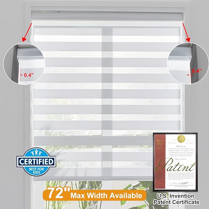 Persilux Cordless Zebra Blinds for Windows Free-Stop Roller Windows Shades (34" W X 72" H, White) Dual Layer Light Control for Day and Night, Light Filtering Sheer Shades for Home, Easy to Install