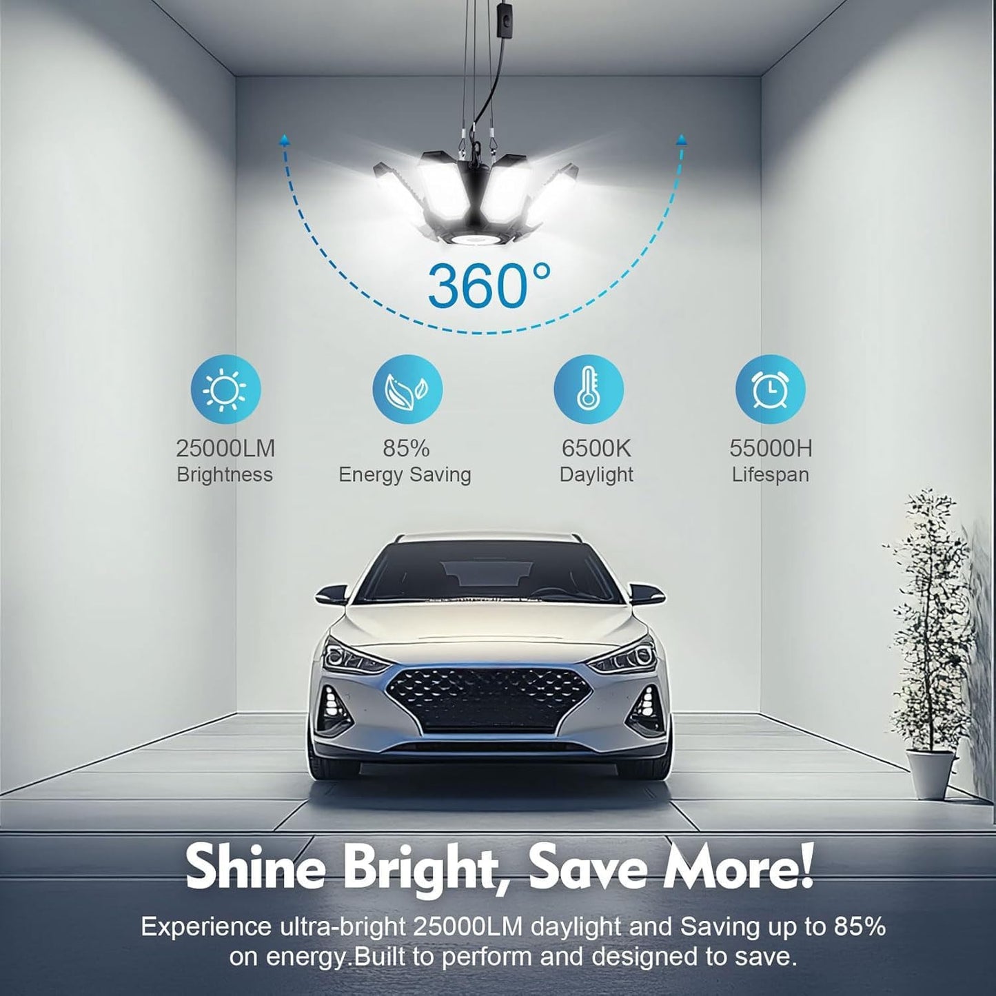 TANBABY Upgrade 250W LED Garage Lights Plug in 2 Pack, Total 50000LM Deformable Lights Ceiling LED Plug in Cord, Plug in Shop Light for Garage Lighting with 8+1 Panels Garages Bulb for Basement